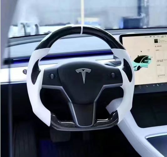 Model 3/Y Full Carbon Fiber Steering Wheel White Tialloyelf