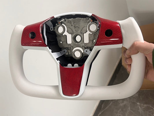 Model 3/Y Yoke Steering Wheel ( White and Red Center Carbon Fiber ) Tialloyelf