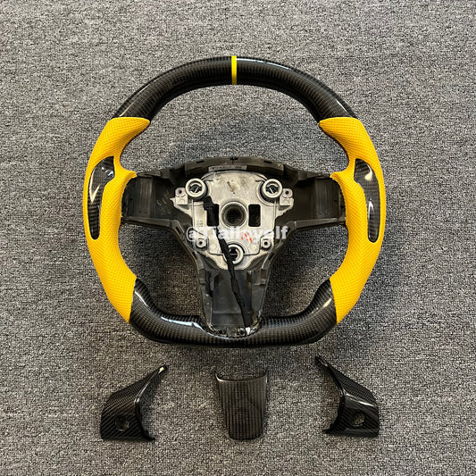 Tesla 3/Y Custom Yellow Full Carbon Steering Wheel Tialloyelf