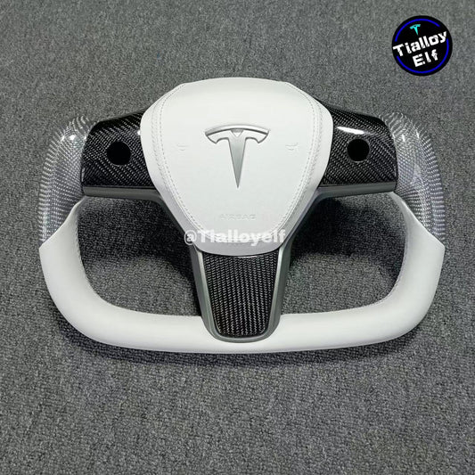 Model 3/Y Yoke Steering Wheel (White leather, silver and black glossy carbon) Tialloyelf