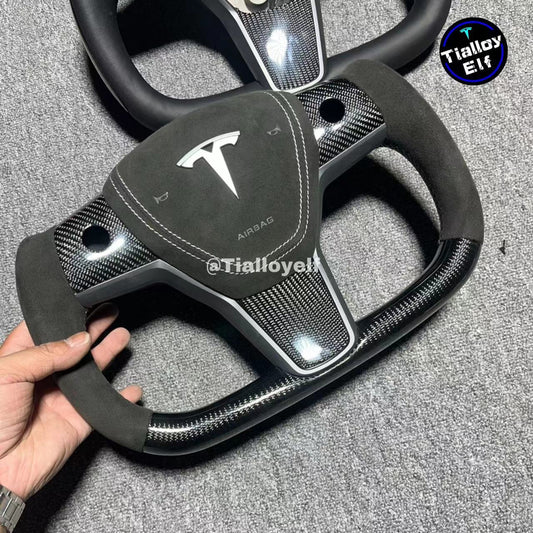 Model 3/Y Yoke Steering Wheel (Black Full Carbon Fiber) Tumbled Leather Tialloyelf