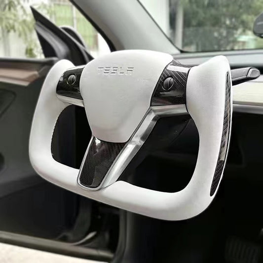 Model 3/Y Yoke Steering Wheel ( White Tesla Letters Full Carbon ) Tialloyelf