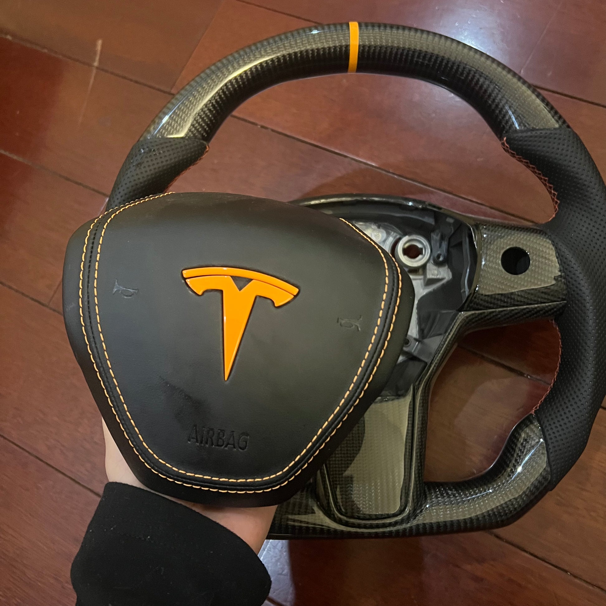 3/Y Full Carbon Fiber Steering Wheel Black and Orange Tialloyelf