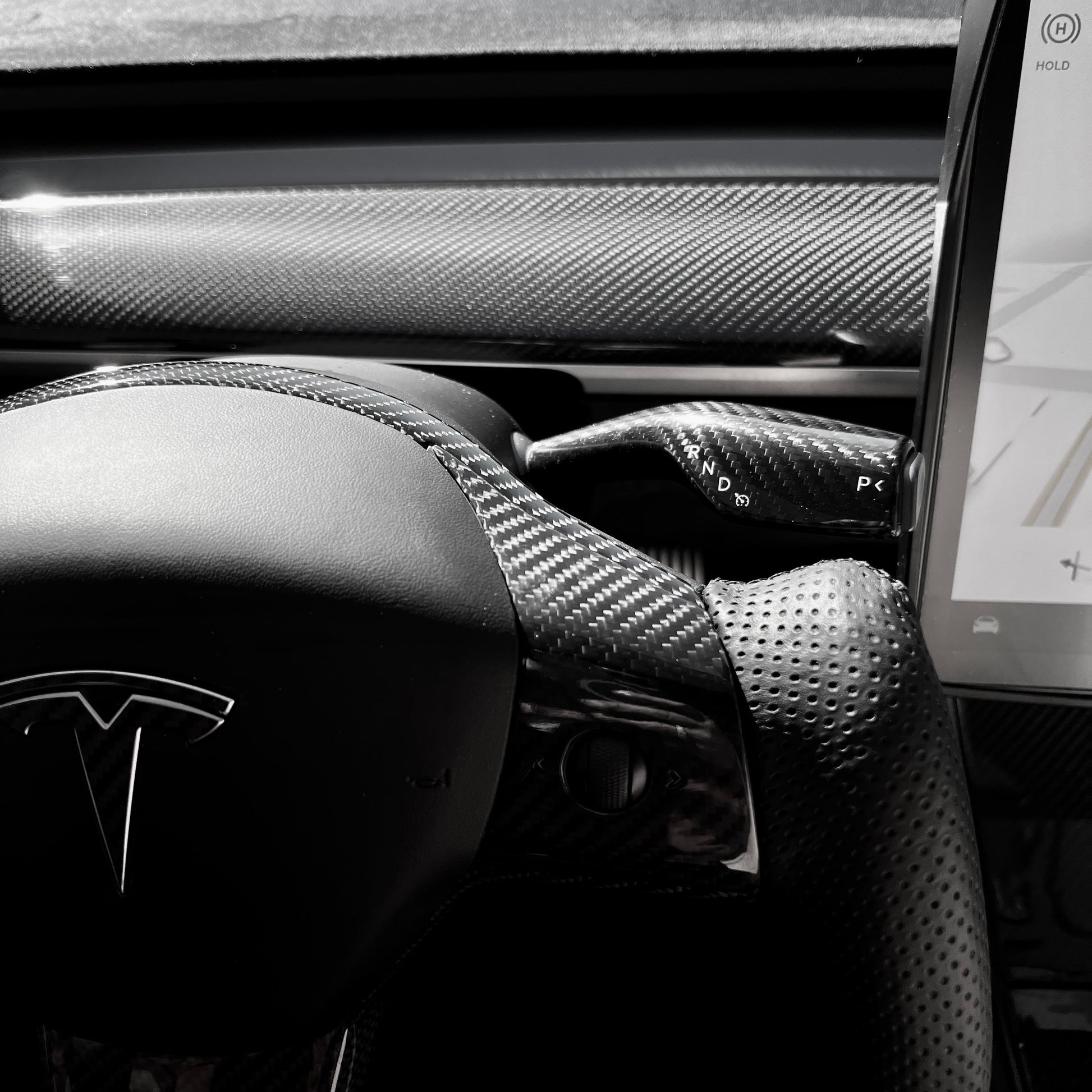Model 3 & Y Yoke Style Steering Wheel - Carbon Fiber & White Leather Handles Jean