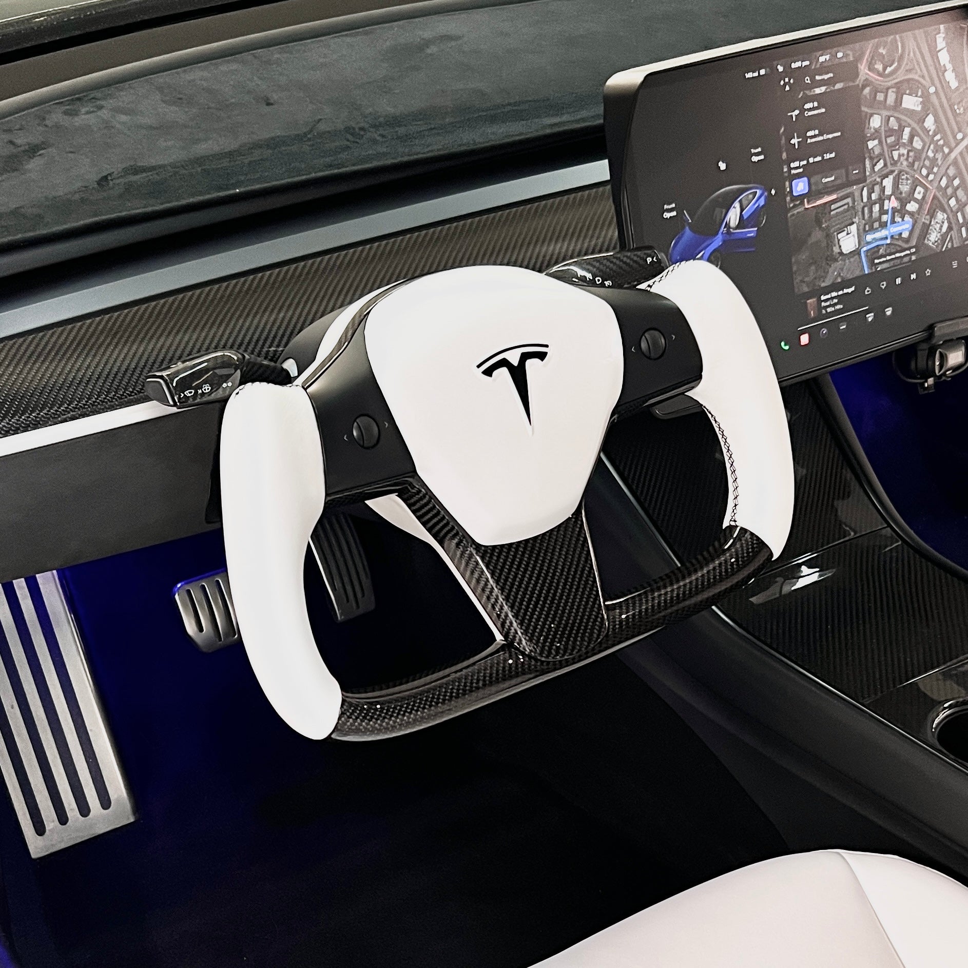 Model 3 & Y Yoke Style Steering Wheel - Carbon Fiber & White Leather Handles Jean