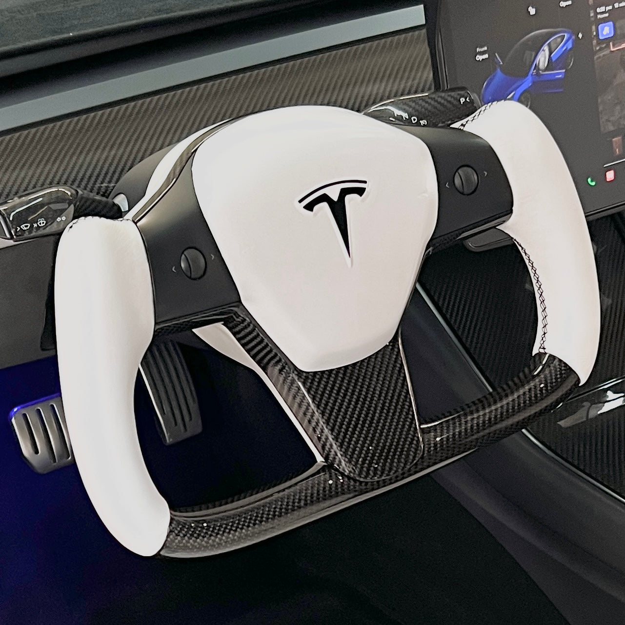 Model 3 & Y Yoke Style Steering Wheel - Carbon Fiber & White Leather Handles Jean