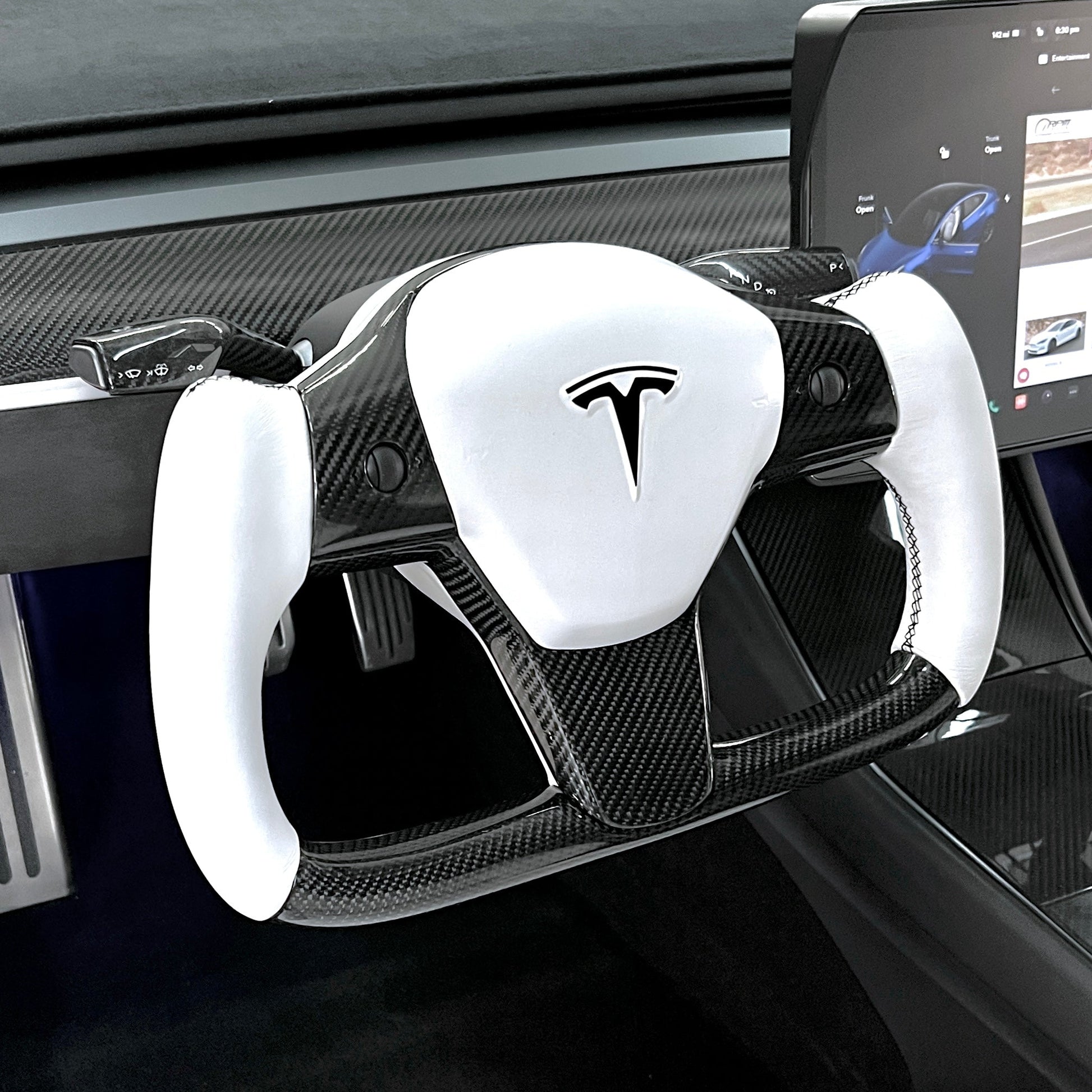 Model 3 & Y Yoke Style Steering Wheel - Carbon Fiber & White Leather Handles Jean