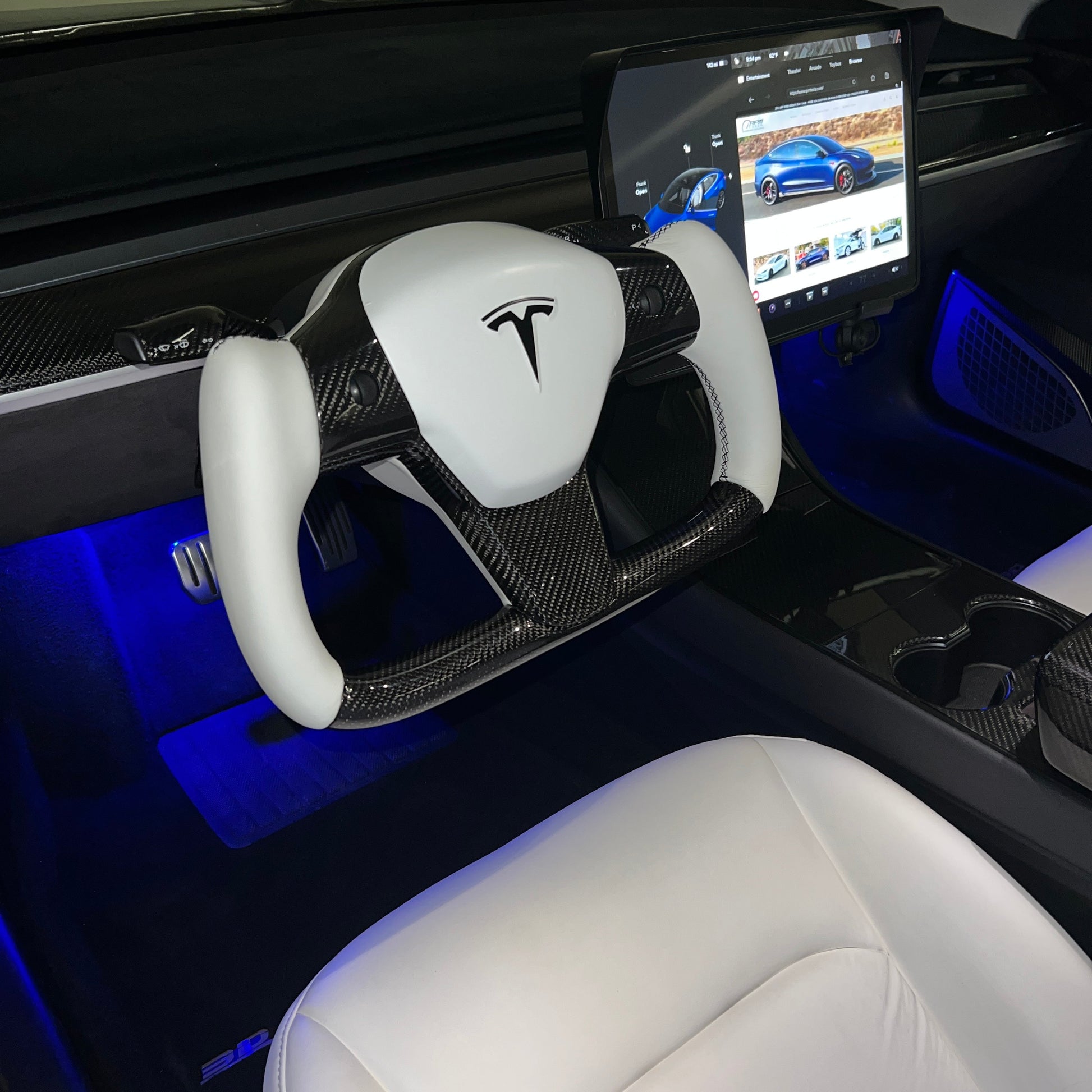 Model 3 & Y Yoke Style Steering Wheel - Carbon Fiber & White Leather Handles Jean