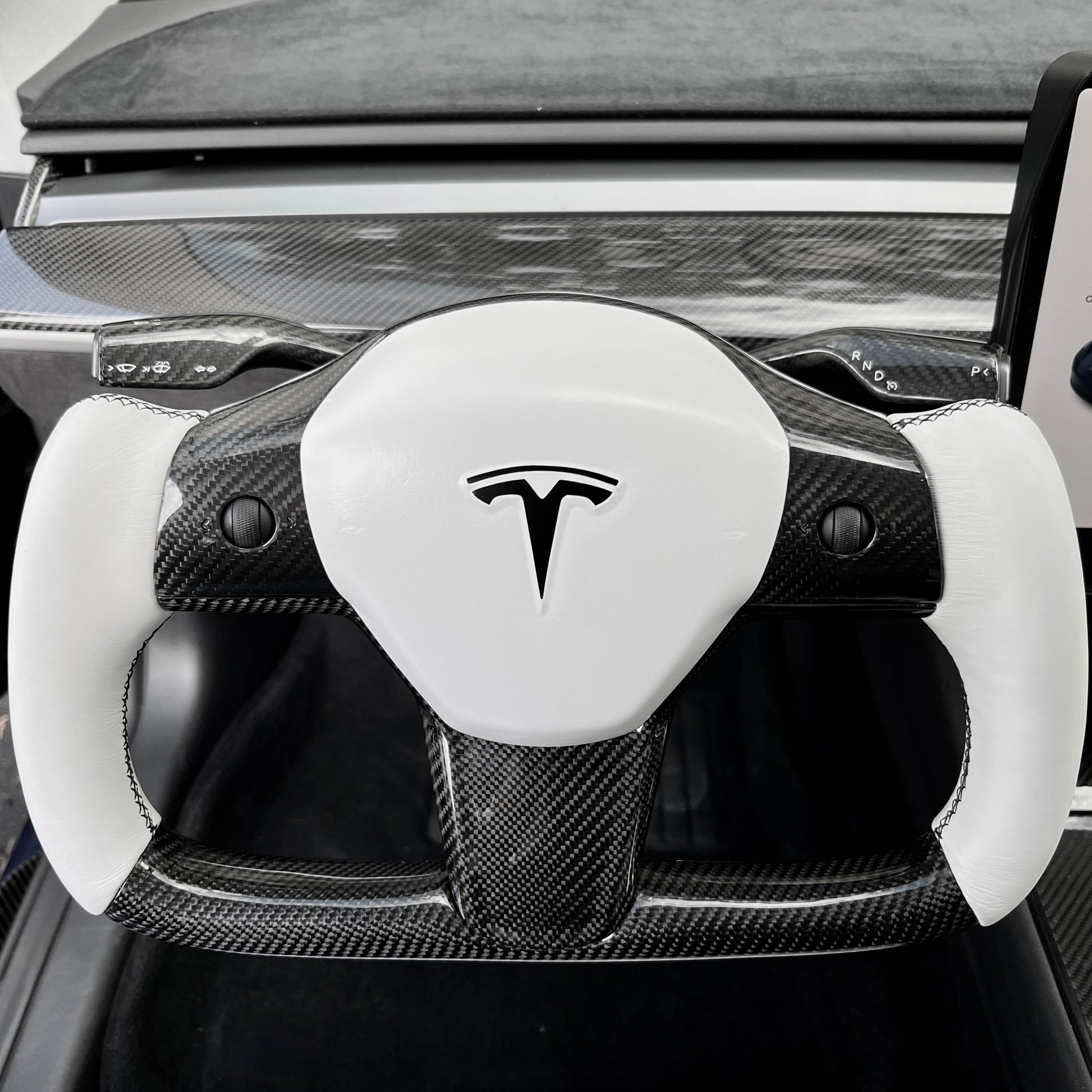 Model 3 & Y Yoke Style Steering Wheel - Carbon Fiber & White Leather Handles Jean